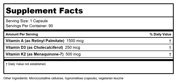 Davinci ADK 10 90 Cap Vitamin A D3 and K2 (MK-7) Vegetarian - Supplement Facts panel