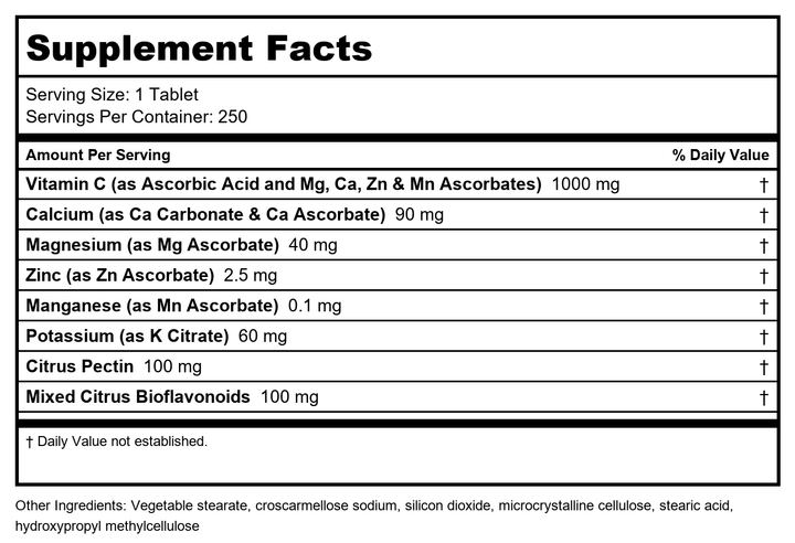 Davinci Poten-C 1,000 mg 90 Vtabs - Supplement Facts panel