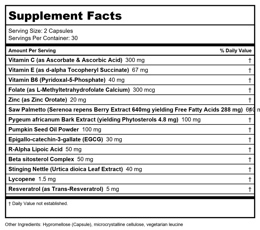 Davinci Prostate Health 60 Vcaps - Supplement Facts panel