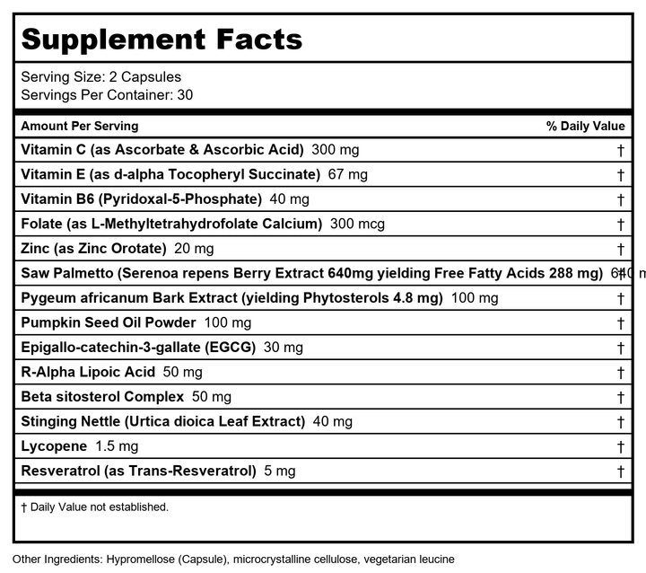 Davinci Prostate Health 60 Vcaps - Supplement Facts panel