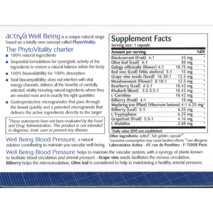 Activa Well Being Blood Pressure - Supplement Facts panel