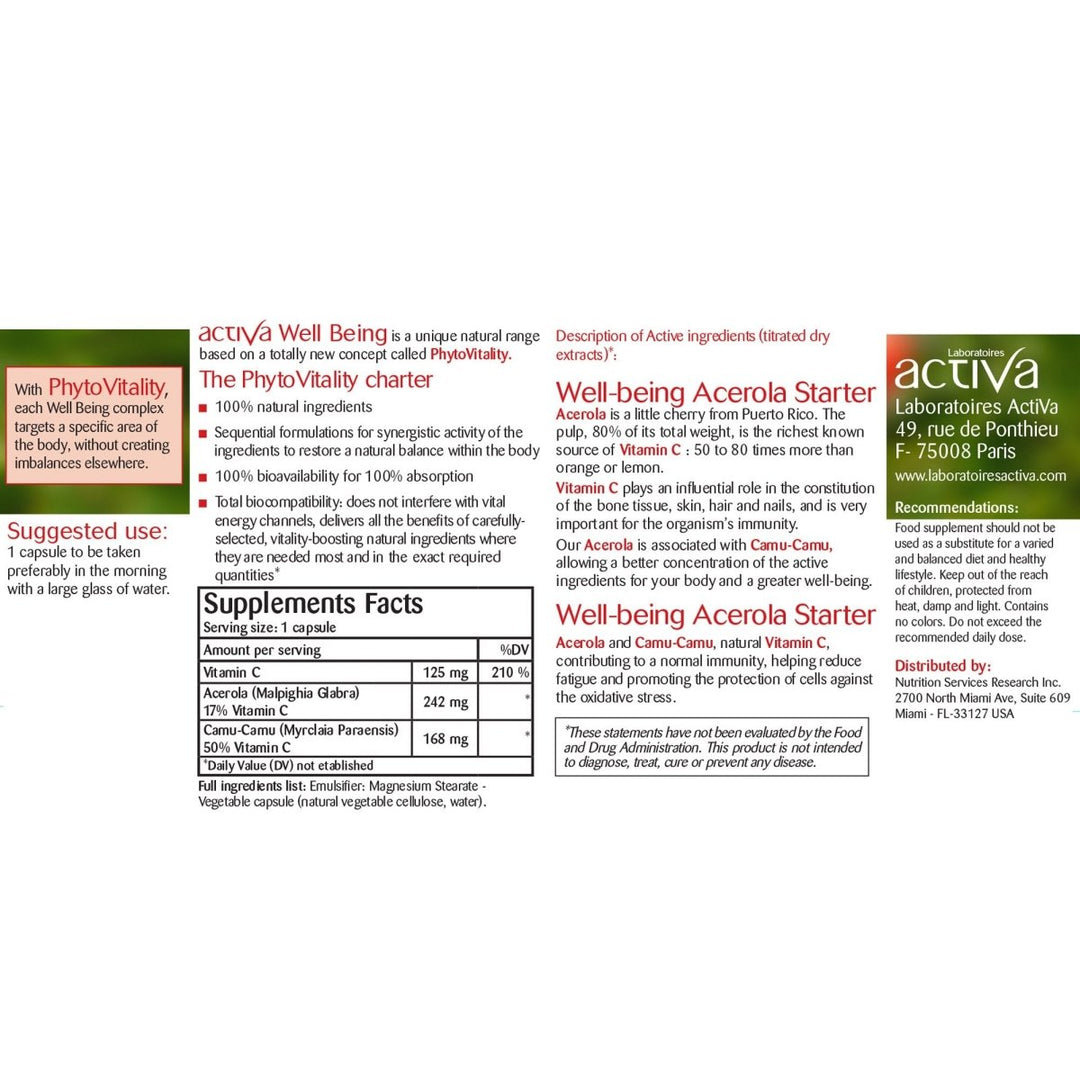 Activa Acerola Starter - Supplement Facts panel