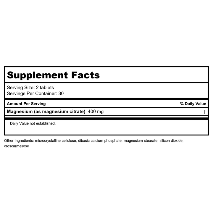 Lasante Magnesium Citrate 200mg 100 VTabs - Supplement Facts panel