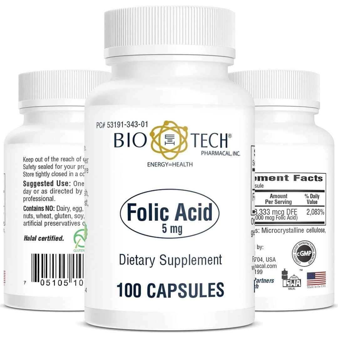 Biotech Folic Acid 5mg 100 cap - Supplement Facts panel