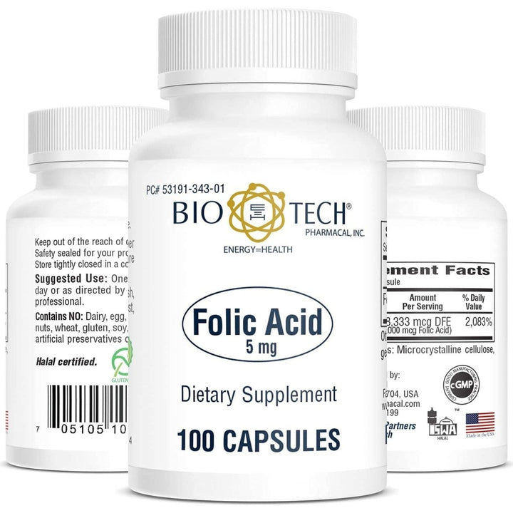 Biotech Folic Acid 5mg 100 cap - Supplement Facts panel
