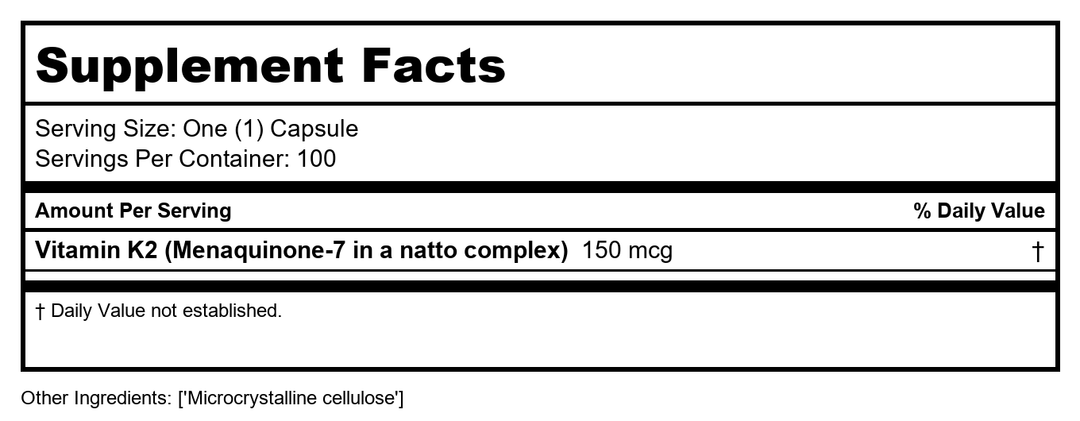 BioTech MK-7 (K2) 100 tabs - Supplement Facts panel