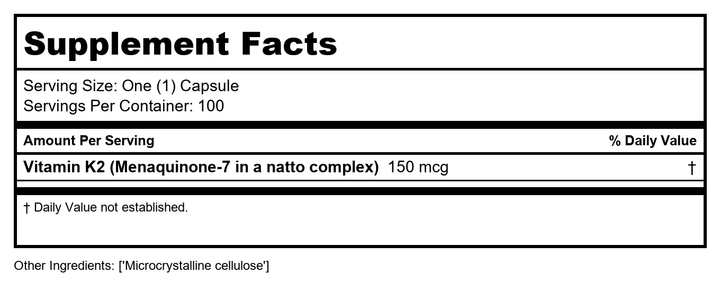 BioTech MK-7 (K2) 100 tabs - Supplement Facts panel