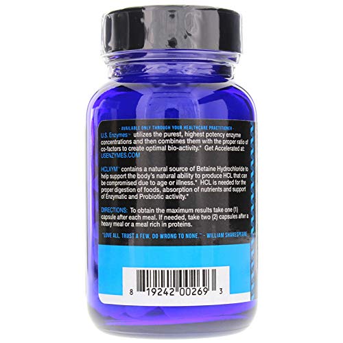 US Enzymes HCL-XYM Betaine HCL (Hydrochloride) 93 Caps - Supplement Facts panel