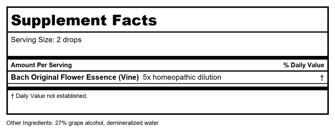 Bach Vine 20mL - Supplement Facts panel