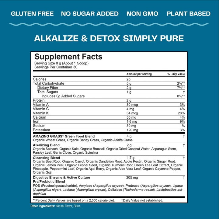 Amazing Grass Green Superfood Alkalize &amp; Detox Simply Pure 240g 30 Servings - Supplement Facts panel