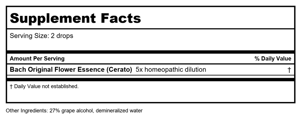 Bach Cerato 20ml - Supplement Facts panel