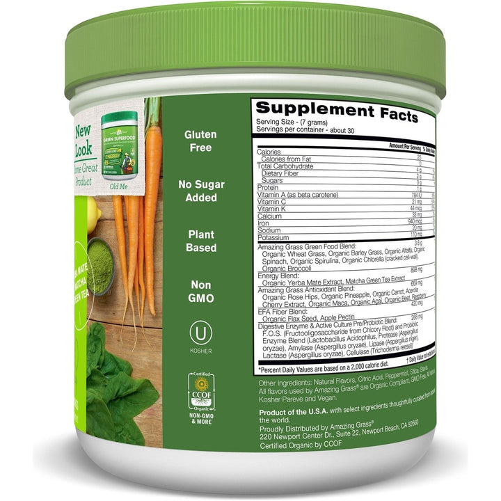 Amazing Grass Green Superfood Energy Lemon Lime 210g 7.4oz 30 Servings - Supplement Facts panel