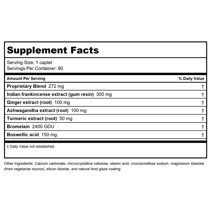 Ayush Herbs Boswelya Plus 90 count - Supplement Facts panel