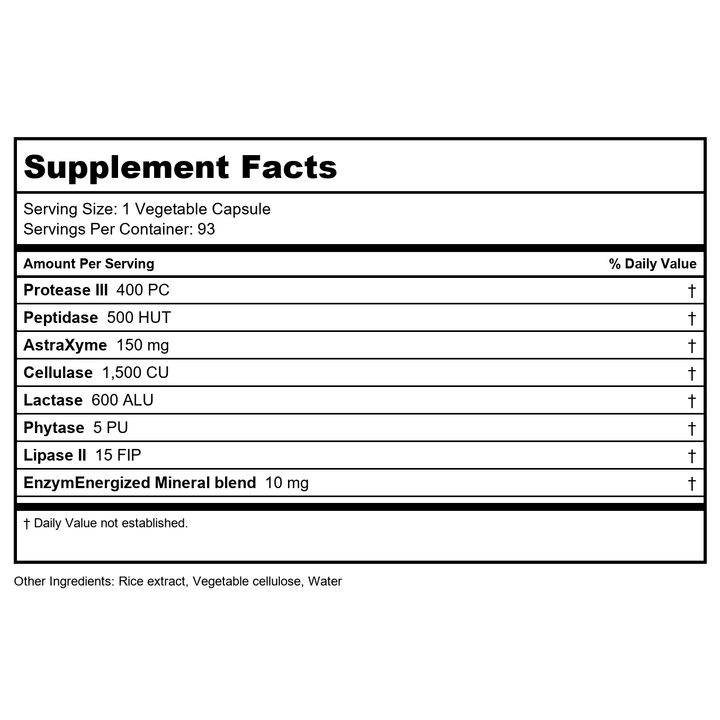 US Enzymes Digestxym+ 93 Vcaps - Supplement Facts panel