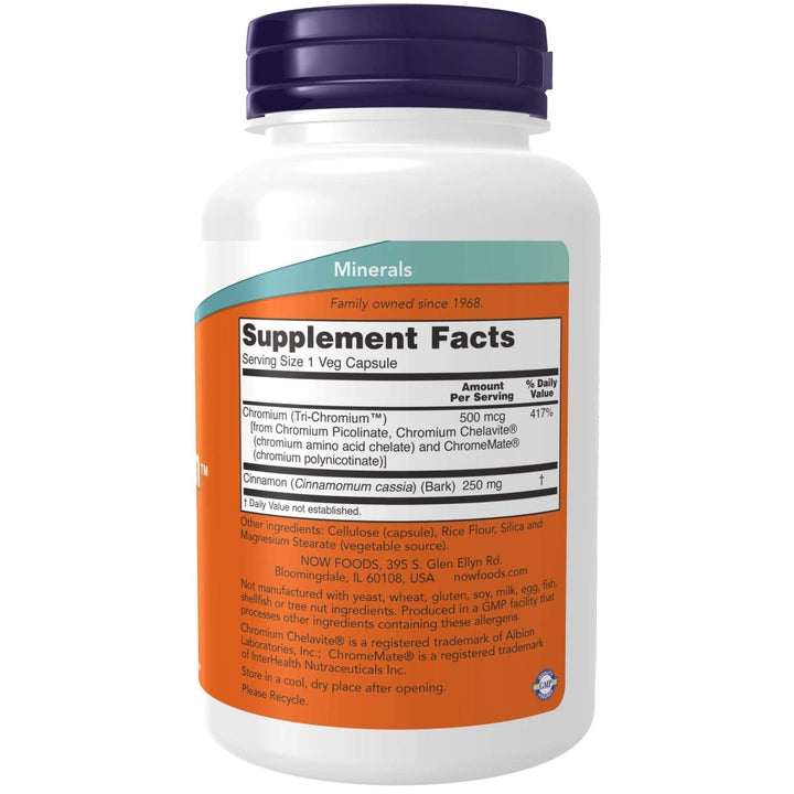Now Foods Tri-Chromium 500 mcg With Cinnamon 180 Vcaps - 1426 - Supplement Facts panel