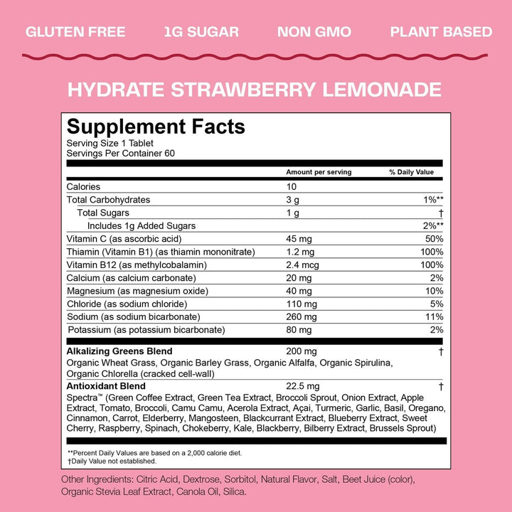 Amazing Grass Green Superfood Hydrate Strawberry Lemonade 10 Tablets - Supplement Facts panel