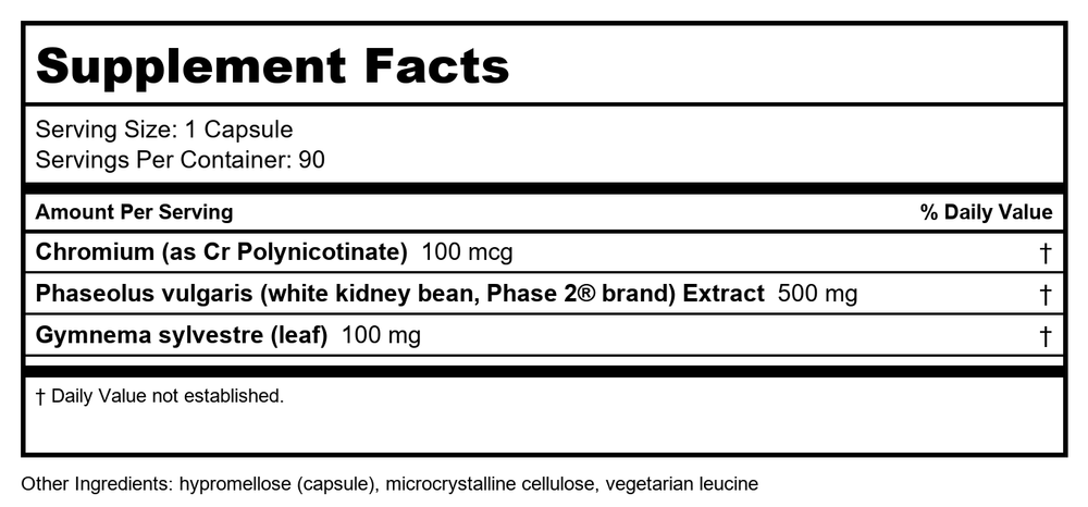 Davinci Carb Down With Phase 2 90 Caps - Supplement Facts panel