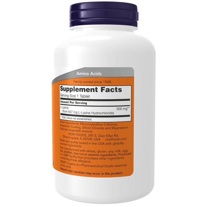 Now Foods L-Lysine 500mg 250 Tablets - 0102 - Supplement Facts panel