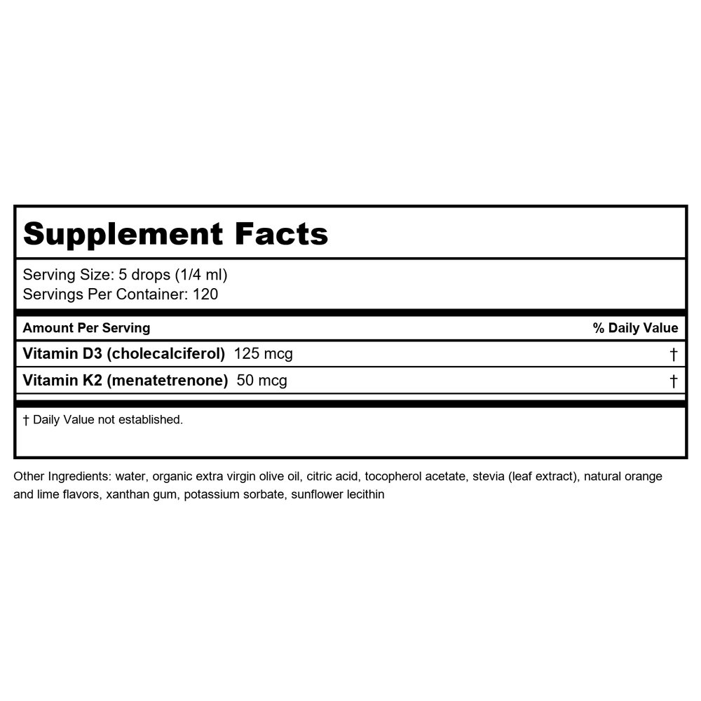 Nutra BioGenesis Vitamin D3-K2 Emulsion 1 oz - Supplement Facts panel