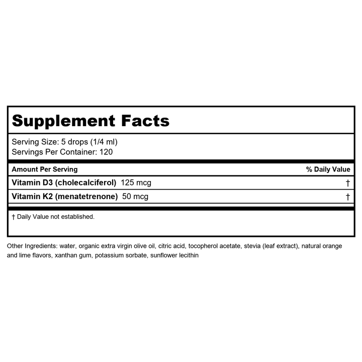 Nutra BioGenesis Vitamin D3-K2 Emulsion 1 oz - Supplement Facts panel