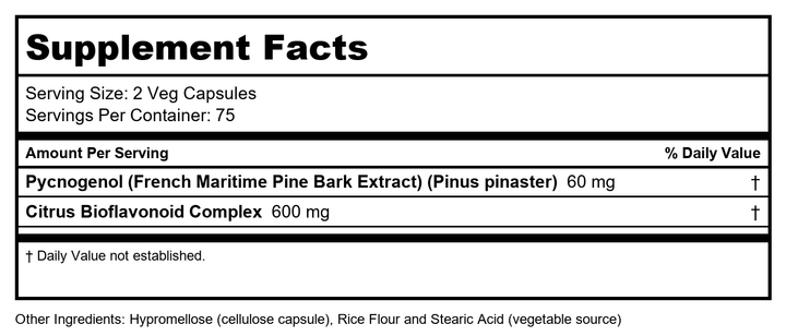 Now Foods Pycnogenol 30mg 150 Vcaps - 3266 - Supplement Facts panel
