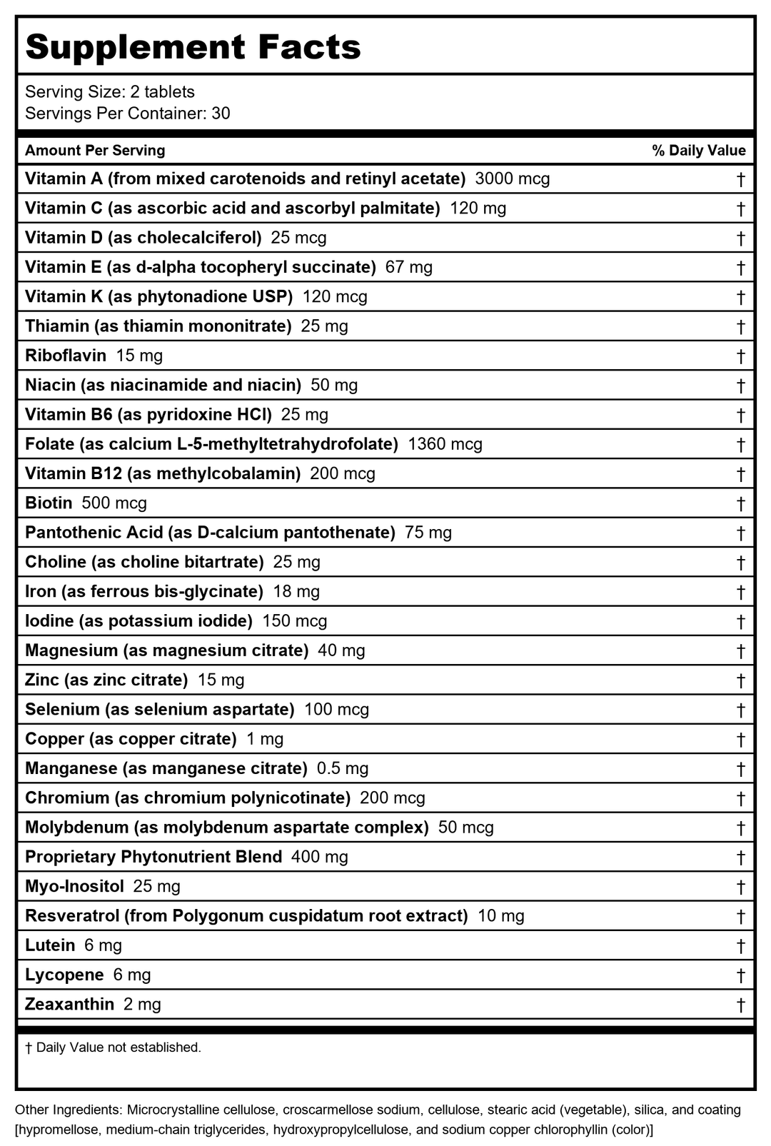Metagenics Phytomulti with Iron 60 Tablets - Supplement Facts panel