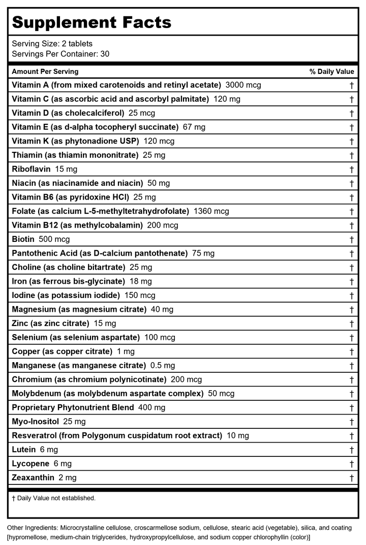 Metagenics Phytomulti with Iron 60 Tablets - Supplement Facts panel