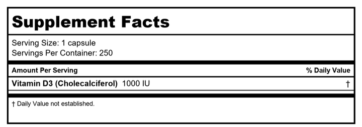 BioTech D3 1000 IU 250 Capsules - Supplement Facts panel