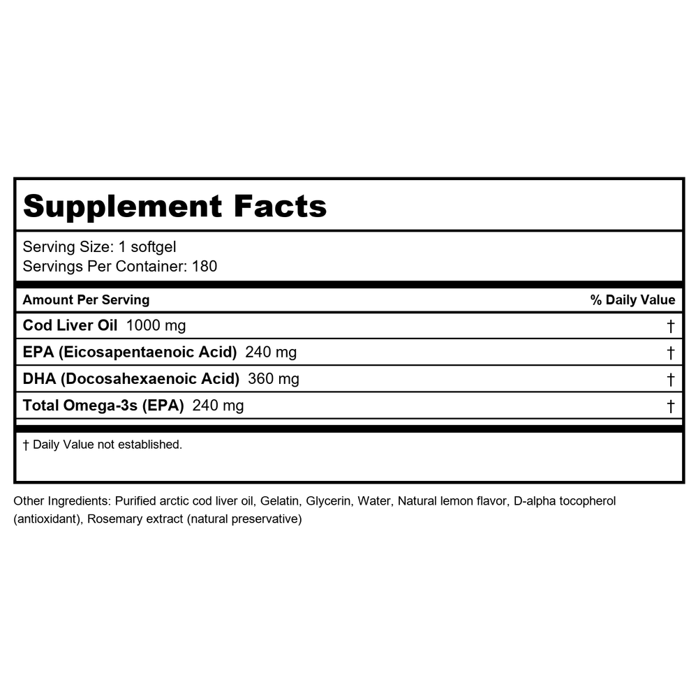 Nordic Naturals Artic Cod Liver Oil 240 EPA / 360 DHA 1000mg 180 Softgels - Supplement Facts panel