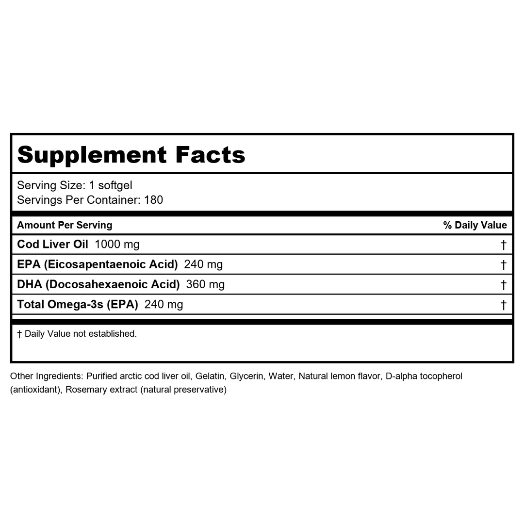 Nordic Naturals Artic Cod Liver Oil 240 EPA / 360 DHA 1000mg 180 Softgels - Supplement Facts panel