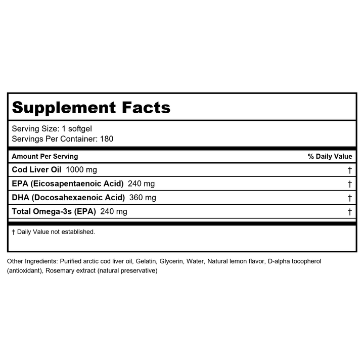 Nordic Naturals Artic Cod Liver Oil 240 EPA / 360 DHA 1000mg 180 Softgels - Supplement Facts panel