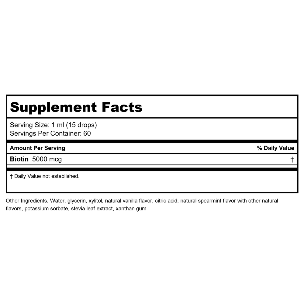 Nutra BioGenesis Biotin 5000 2 oz   PN 50862 - Supplement Facts panel