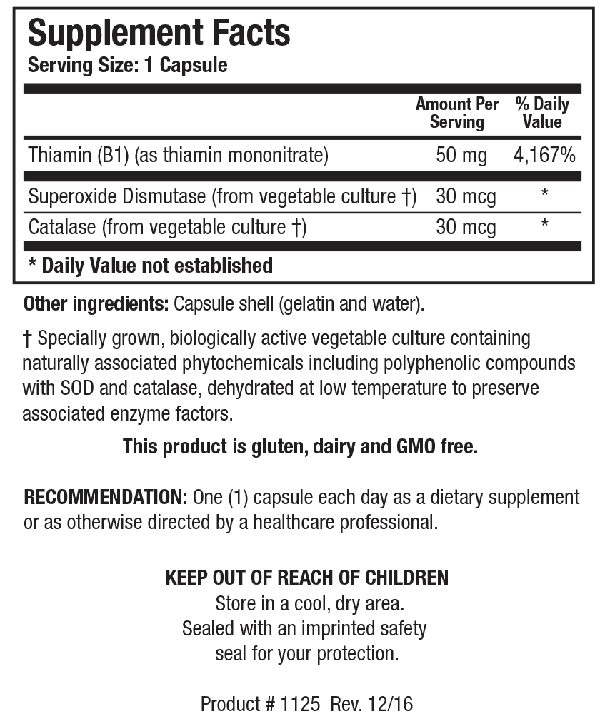 Biotics Research Thiamin 50 90 Capsules - Supplement Facts / Ingredients panel