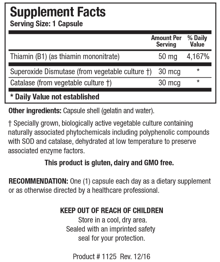 Biotics Research Thiamin 50 90 Capsules - Supplement Facts / Ingredients panel