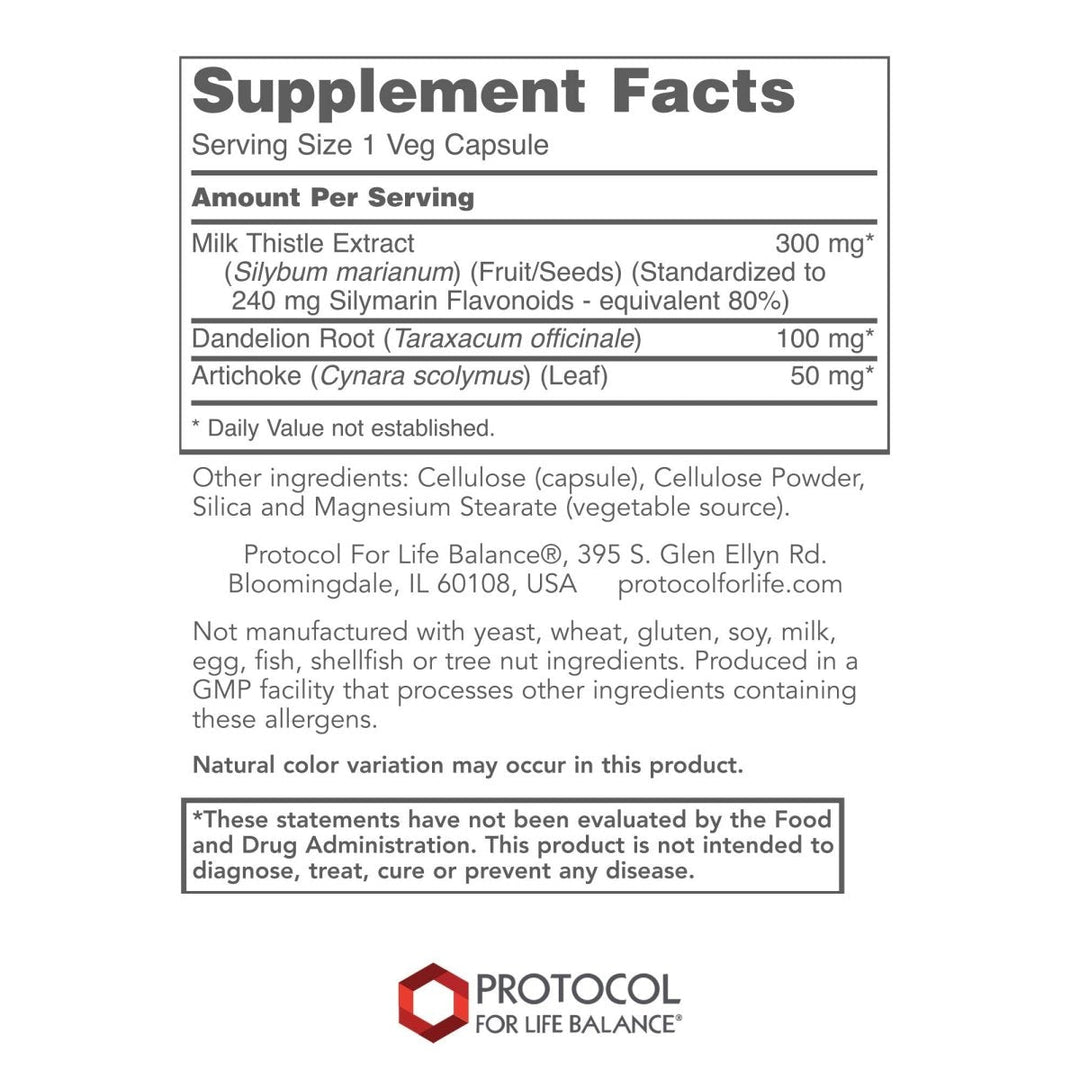 Protocol for Life Balance Milk Thistle Extract 300g 90 Vegcaps - P4739 - Supplement Facts panel