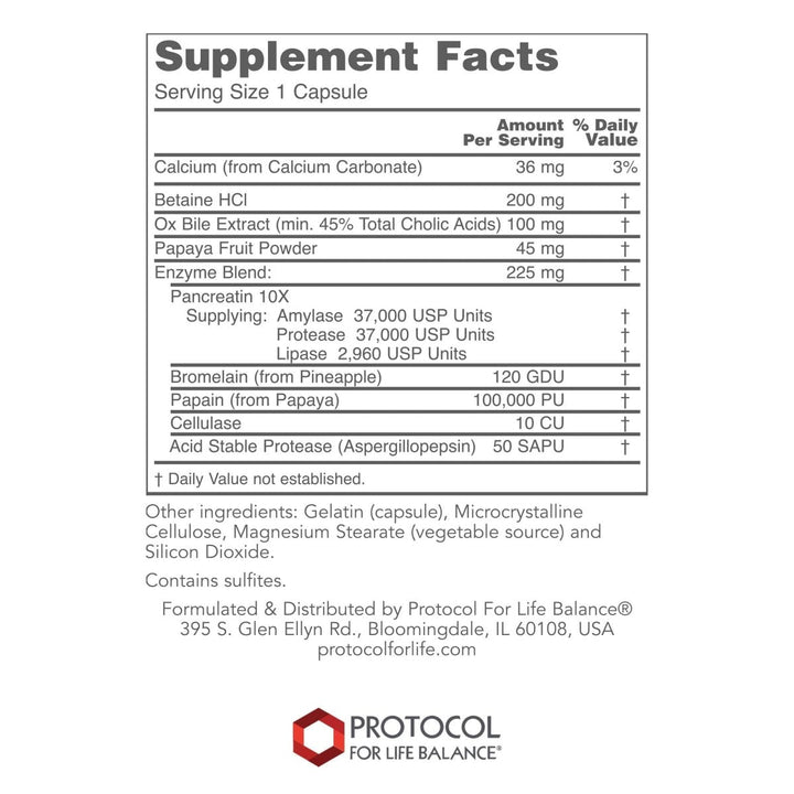 Protocol for Life Balance Enzymes-HCL 120 Capsules - P2963 - Supplement Facts panel