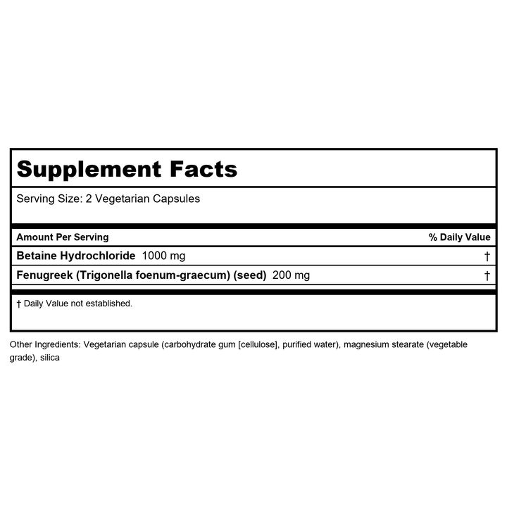 Bioclinic Naturals Betaine HCL with Fenugreek - 60 Veggie Capsules - Supplement Facts panel