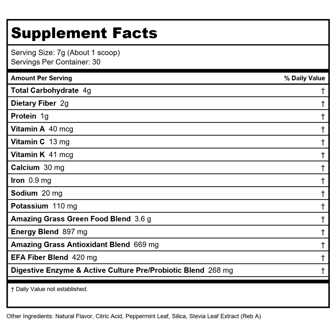 Amazing Grass Green Superfood Energy Watermelon, 30 Servings, 7.4 Ounce - Supplement Facts panel