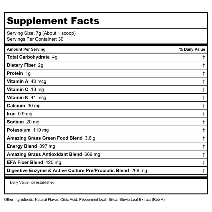 Amazing Grass Green Superfood Energy Watermelon, 30 Servings, 7.4 Ounce - Supplement Facts panel