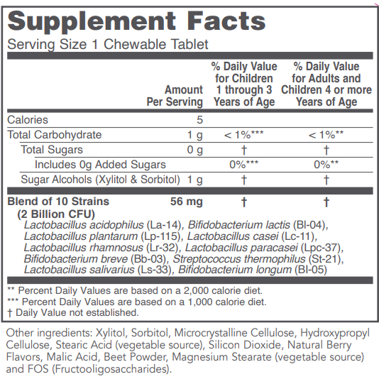 Protocol for Life Balance Chewable Probiotic For Children &amp; Adults 2 Billion 90 Chewables - P2936 - Supplement Facts panel