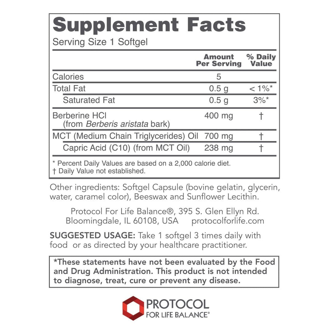 Protocol for Life Balance Glucose Management with Berberine HCL 90 Softgels - P4600 - Supplement Facts panel