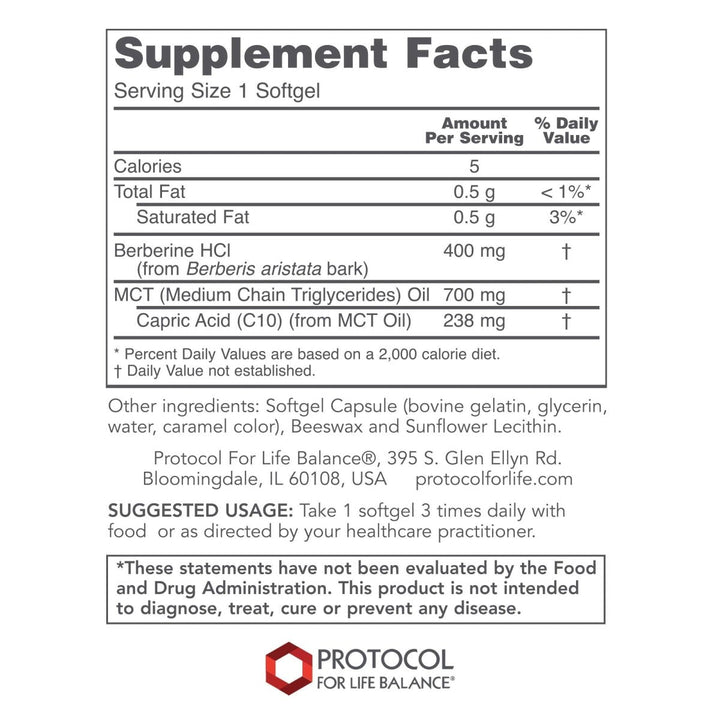 Protocol for Life Balance Glucose Management with Berberine HCL 90 Softgels - P4600 - Supplement Facts panel