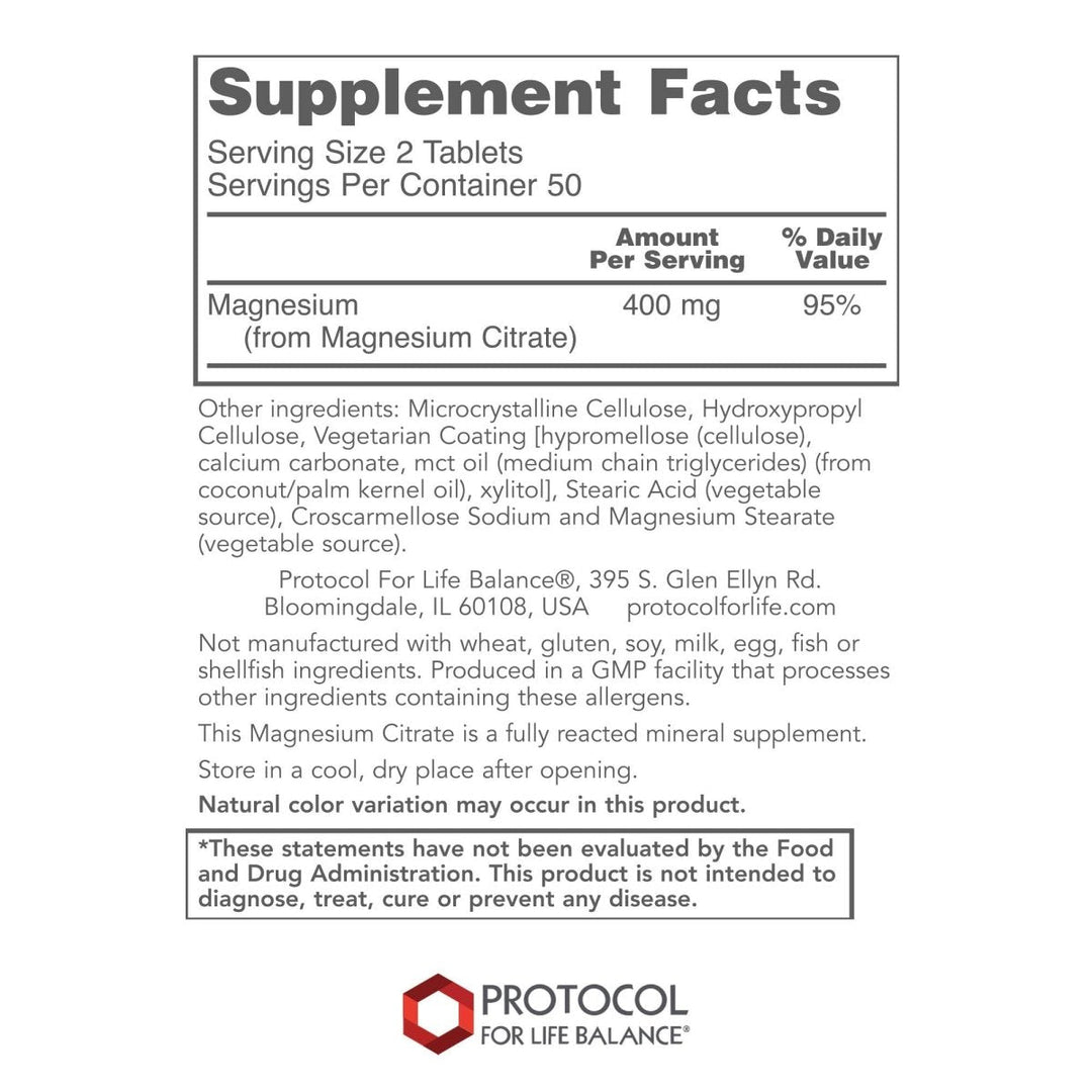 Protocol for Life Balance Magnesium Citrate 400mg 100 Tablets - P1290 - Supplement Facts panel