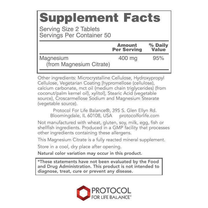 Protocol for Life Balance Magnesium Citrate 400mg 100 Tablets - P1290 - Supplement Facts panel