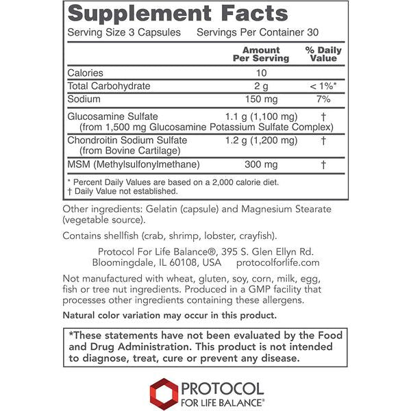 Protocol For Life Balance Glucosamine & Chondroitin with MSM 90 Capsules - P3170 - Supplement Facts panel