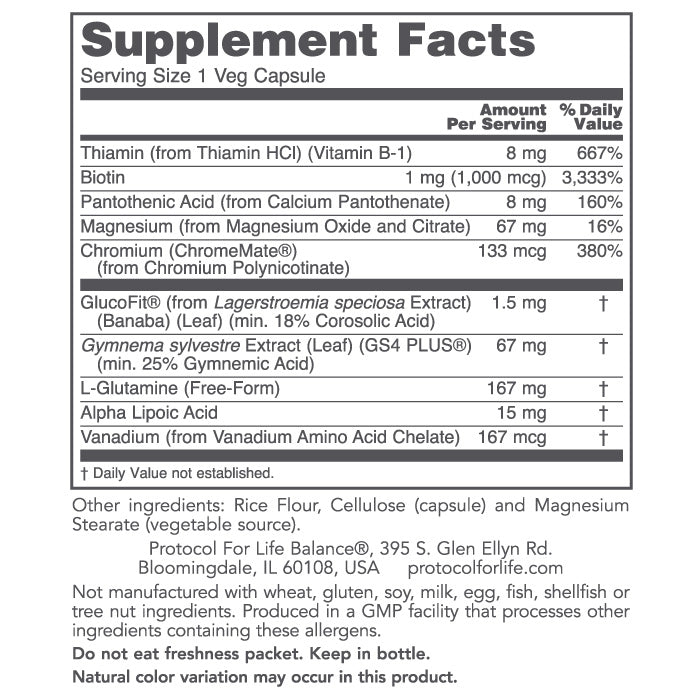 Protocol For Life Balance Glucose Balance 90 Vcaps - P3318 - Supplement Facts panel