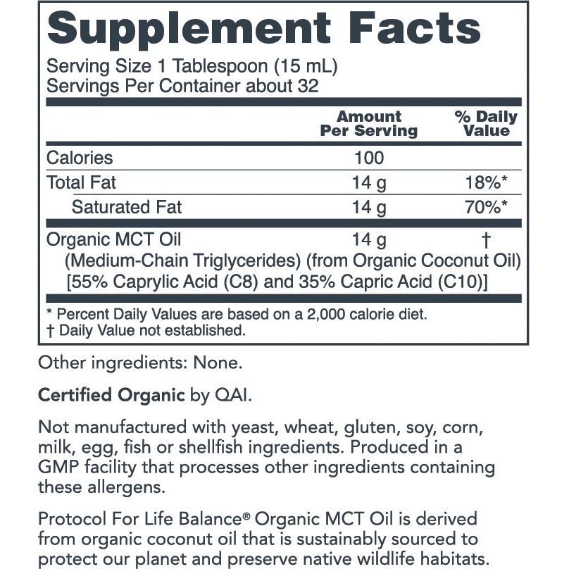 Protocol for Life Balance Organic MCT Oil 16 oz - P2235 - - Supplement Facts panel