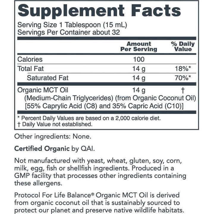 Protocol for Life Balance Organic MCT Oil 16 oz - P2235 - - Supplement Facts panel