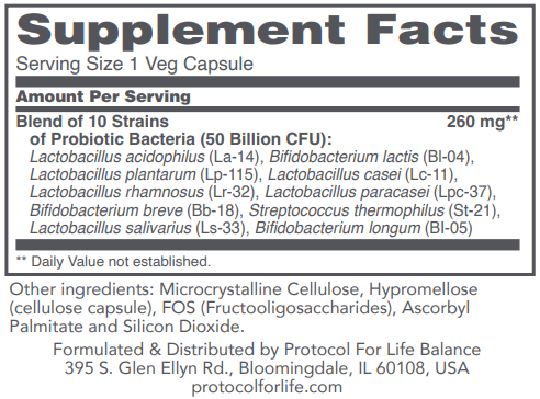 Protocol for Life Balance ProtoDophilus 50 Billion 10 Strains 50 Vcaps - P2928 - Supplement Facts panel