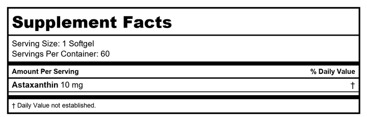 Protocol For Life Balance Astaxanthin 10 mg 60 Softgels - P2251 - Supplement Facts panel
